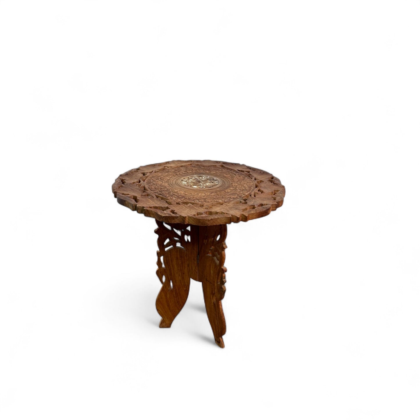 Vintage Carved Wood Round Side Table