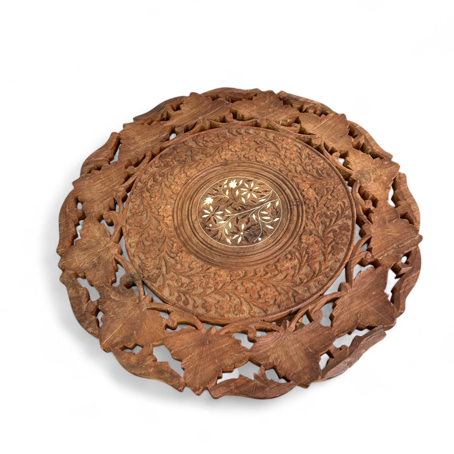 Vintage Carved Wood Round Side Table
