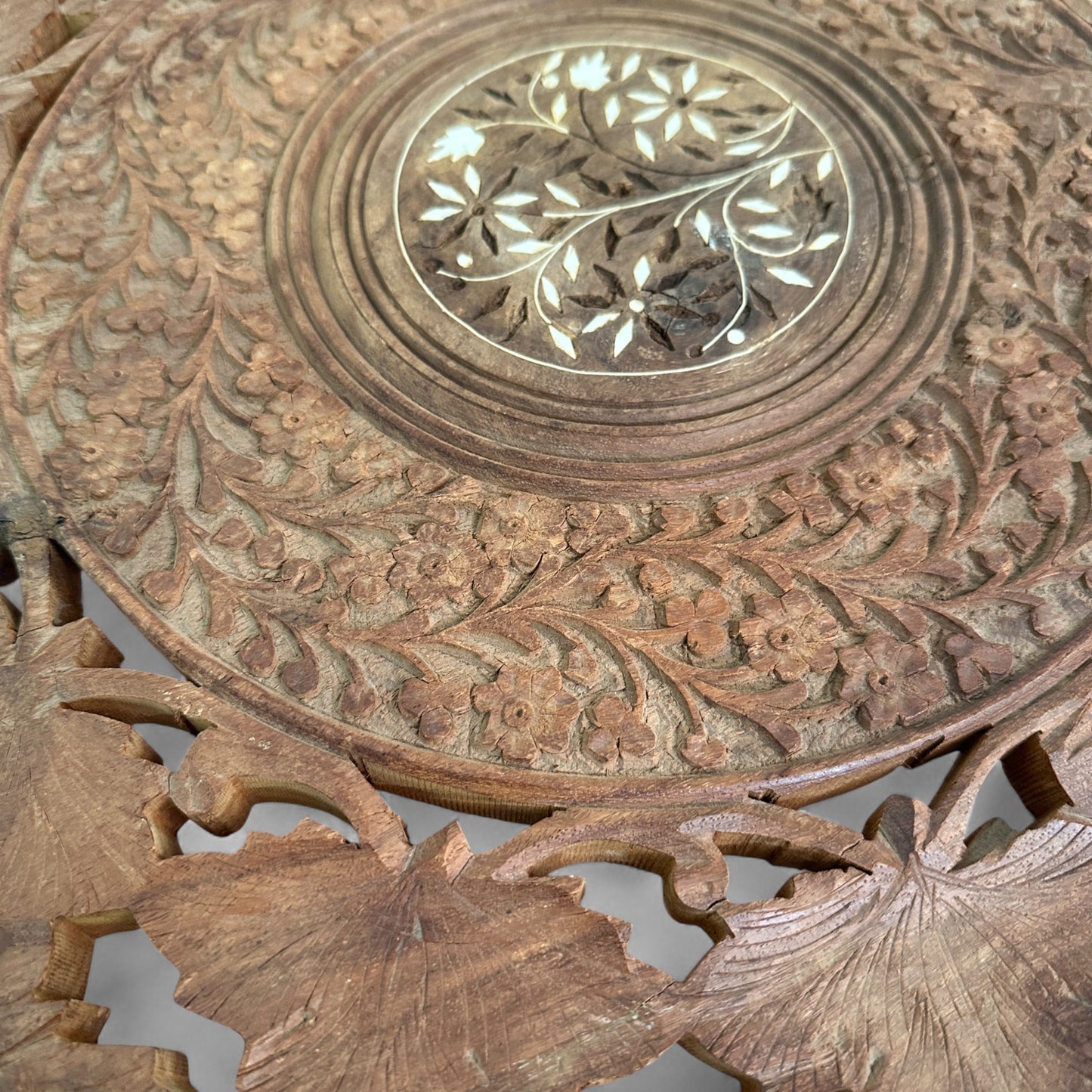 Vintage Carved Wood Round Side Table