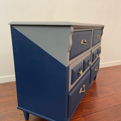 Vintage Grey & Blue 6 Drawers Dresser