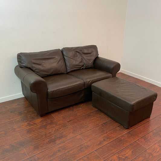 Dark Brown Leather-Look Love Seat with Ottoman