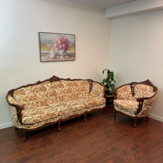 French Provincial Carved Wood Sofa and Accent Chair