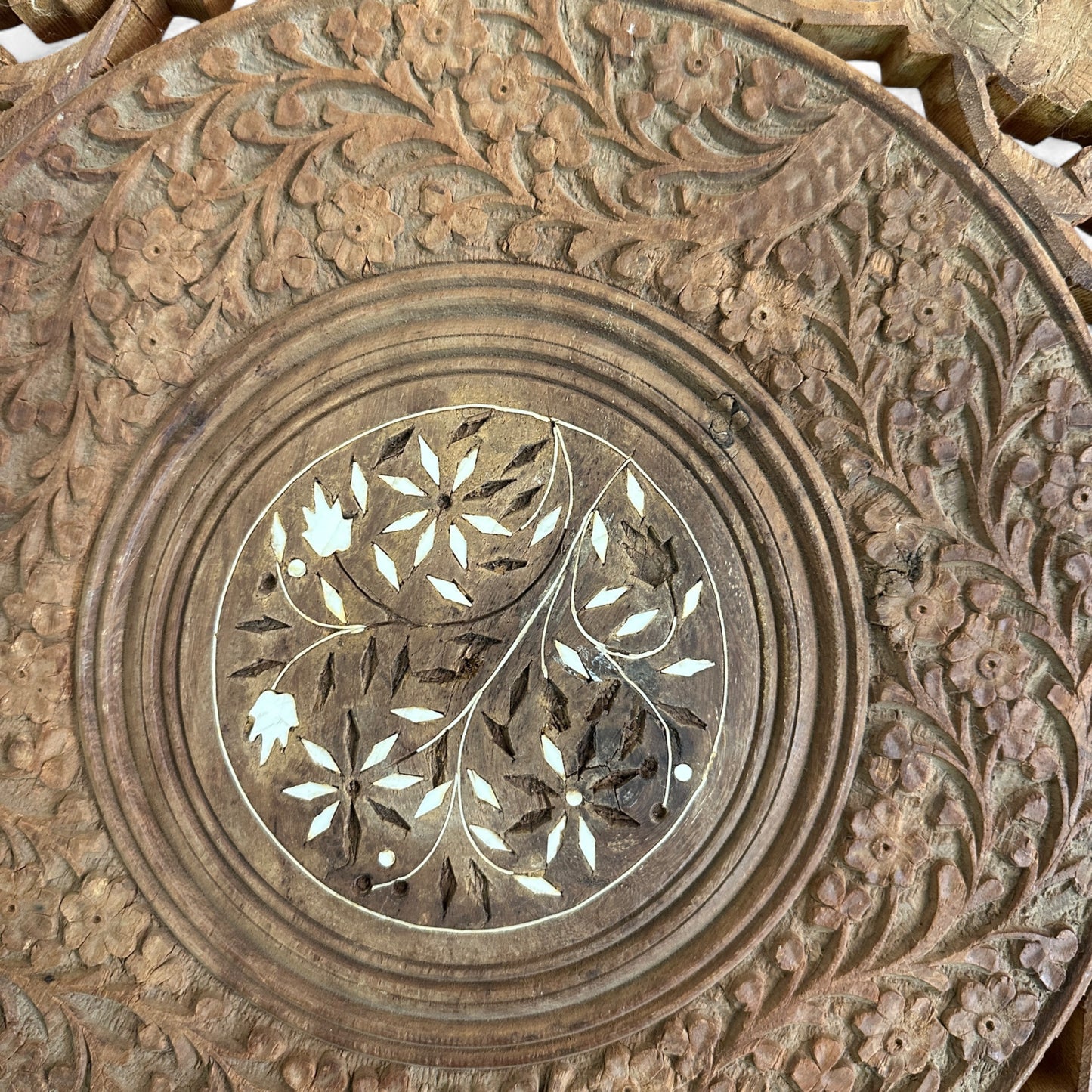 Vintage Carved Wood Round Side Table