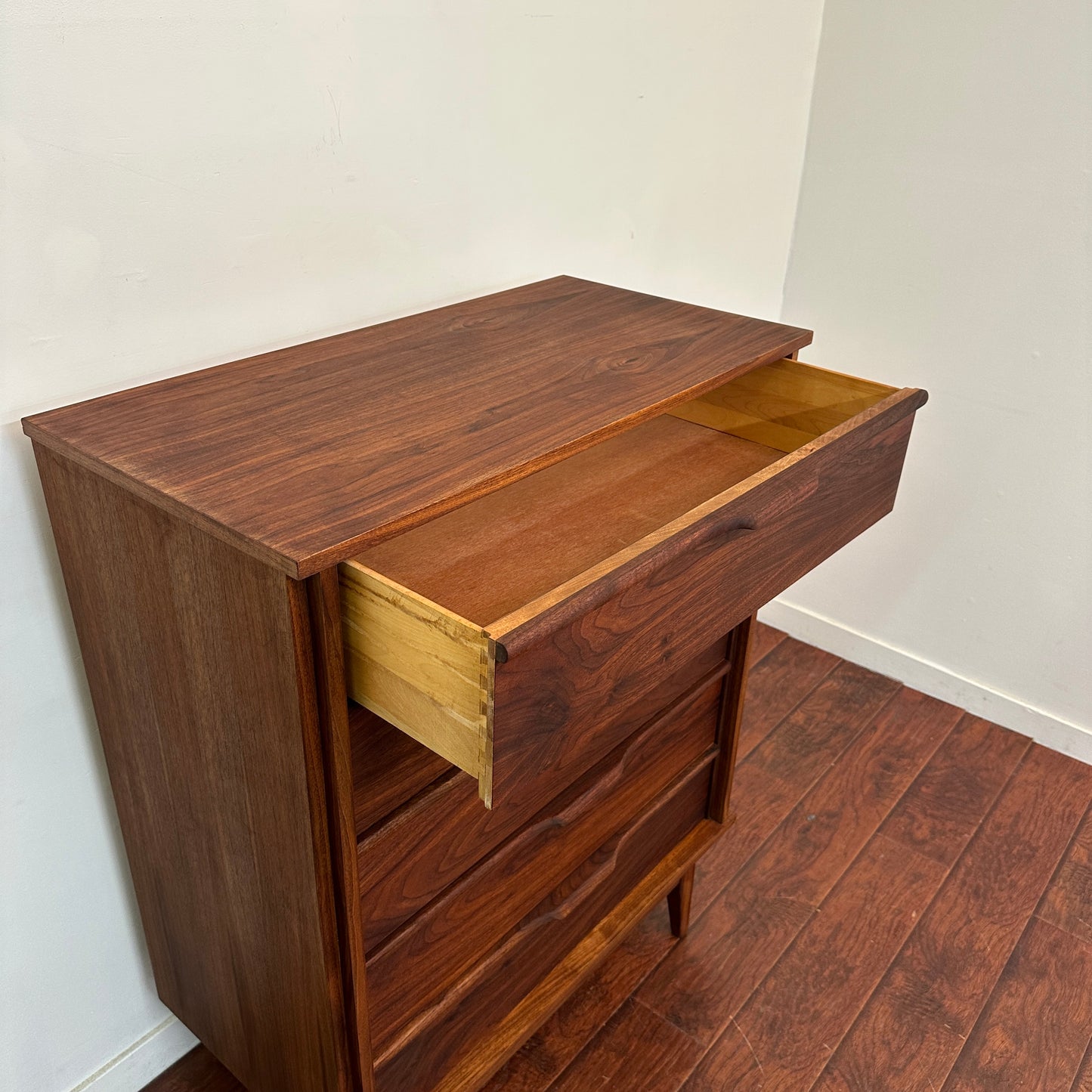 Walnut Mid-Century Five Drawers Highboy Dresser