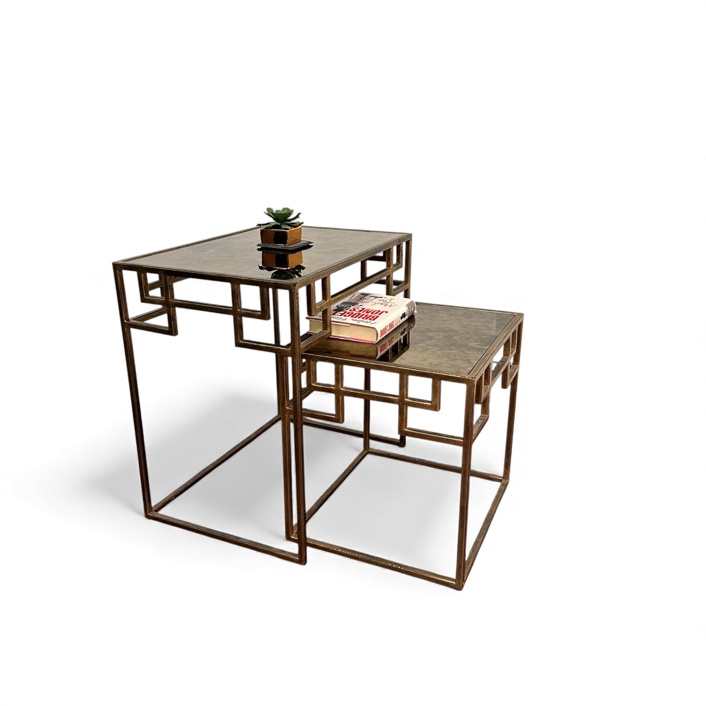 Greek Key Design Mirrored Glass Nesting Tables