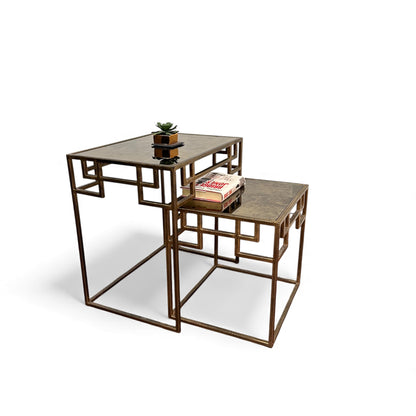 Greek Key Design Mirrored Glass Nesting Tables