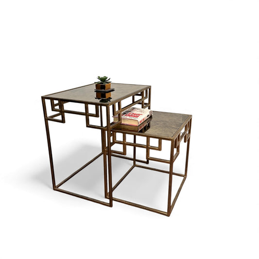 Greek Key Design Mirrored Glass Nesting Tables