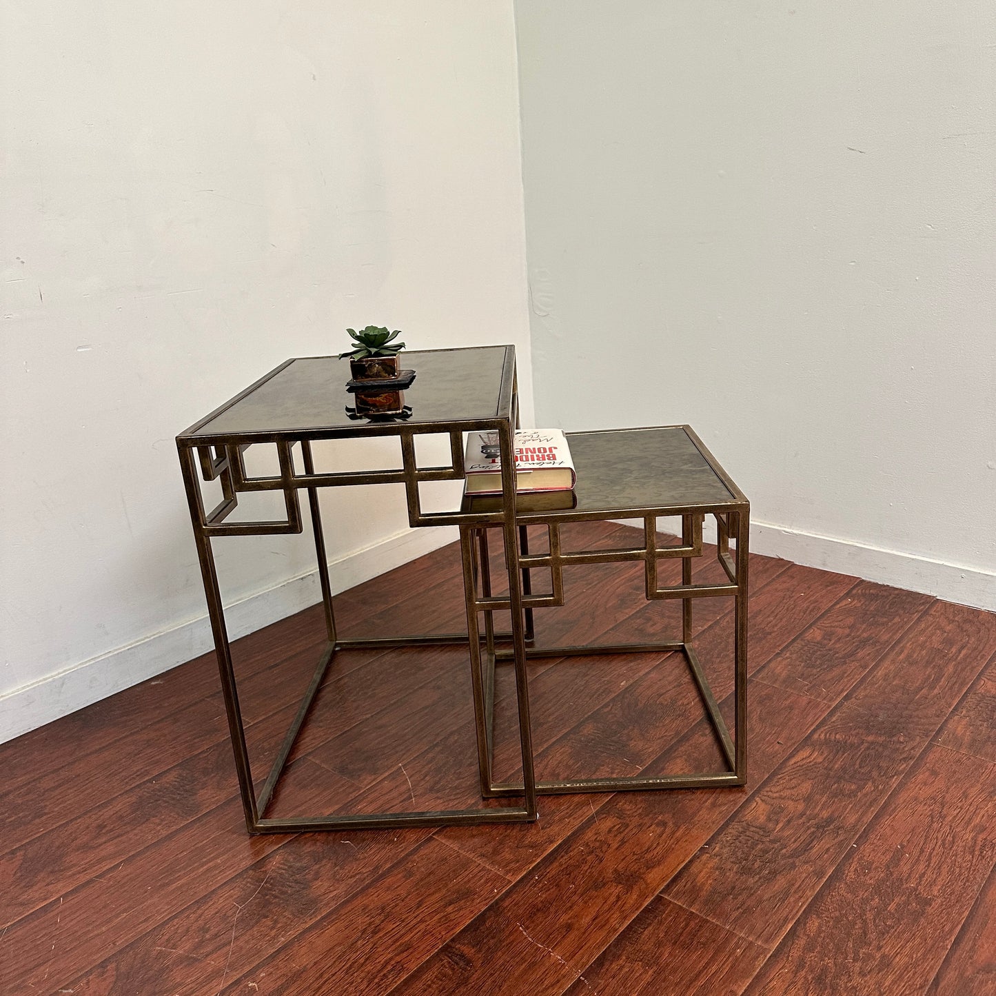 Greek Key Design Mirrored Glass Nesting Tables