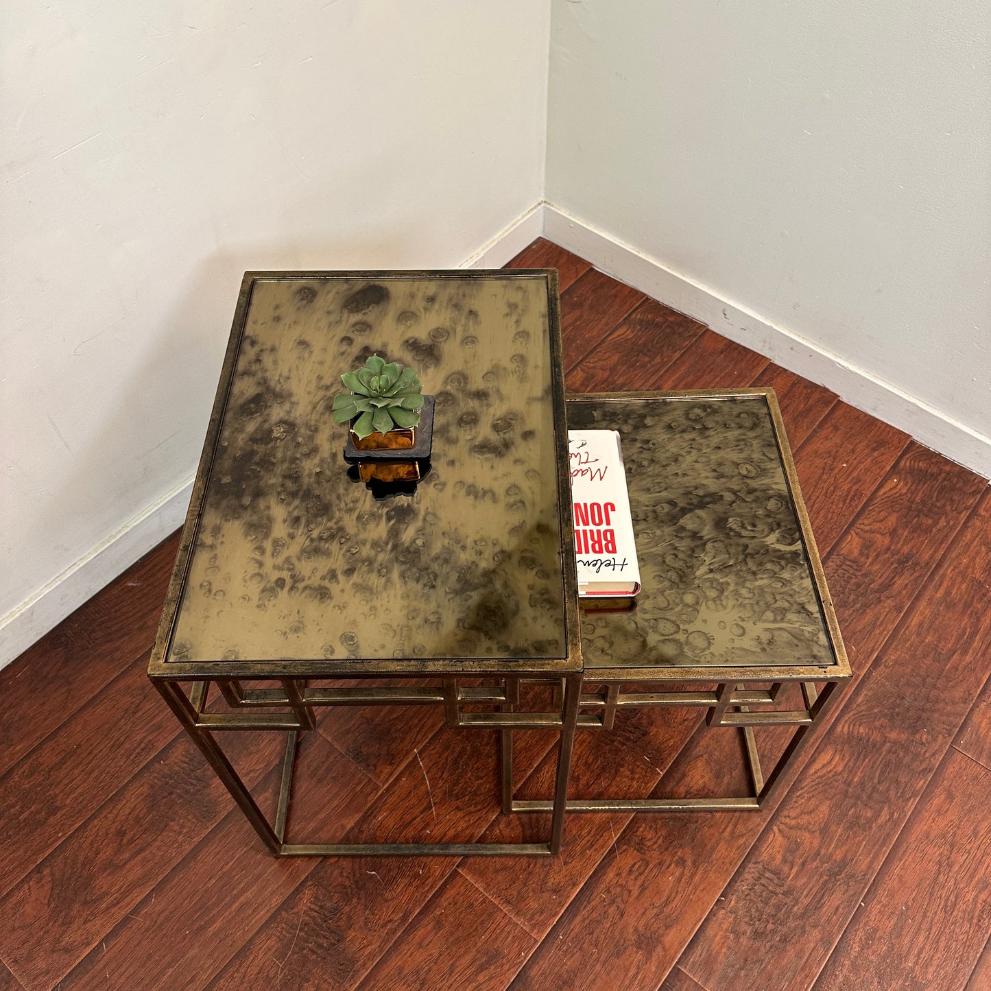 Greek Key Design Mirrored Glass Nesting Tables