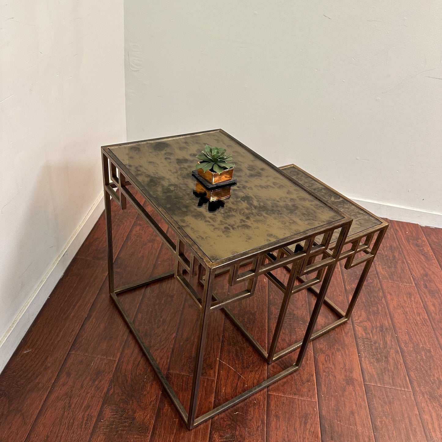 Greek Key Design Mirrored Glass Nesting Tables