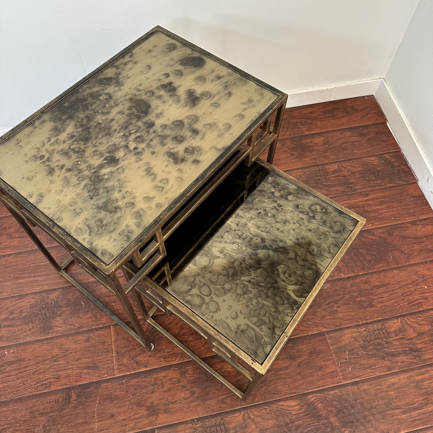 Greek Key Design Mirrored Glass Nesting Tables