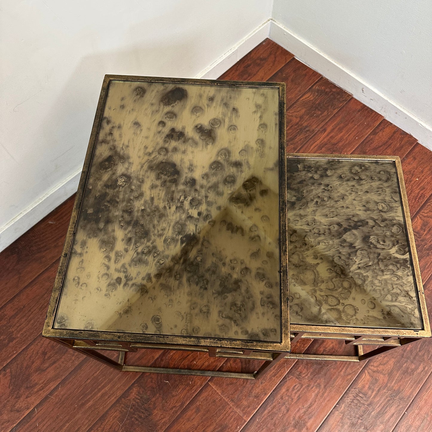 Greek Key Design Mirrored Glass Nesting Tables