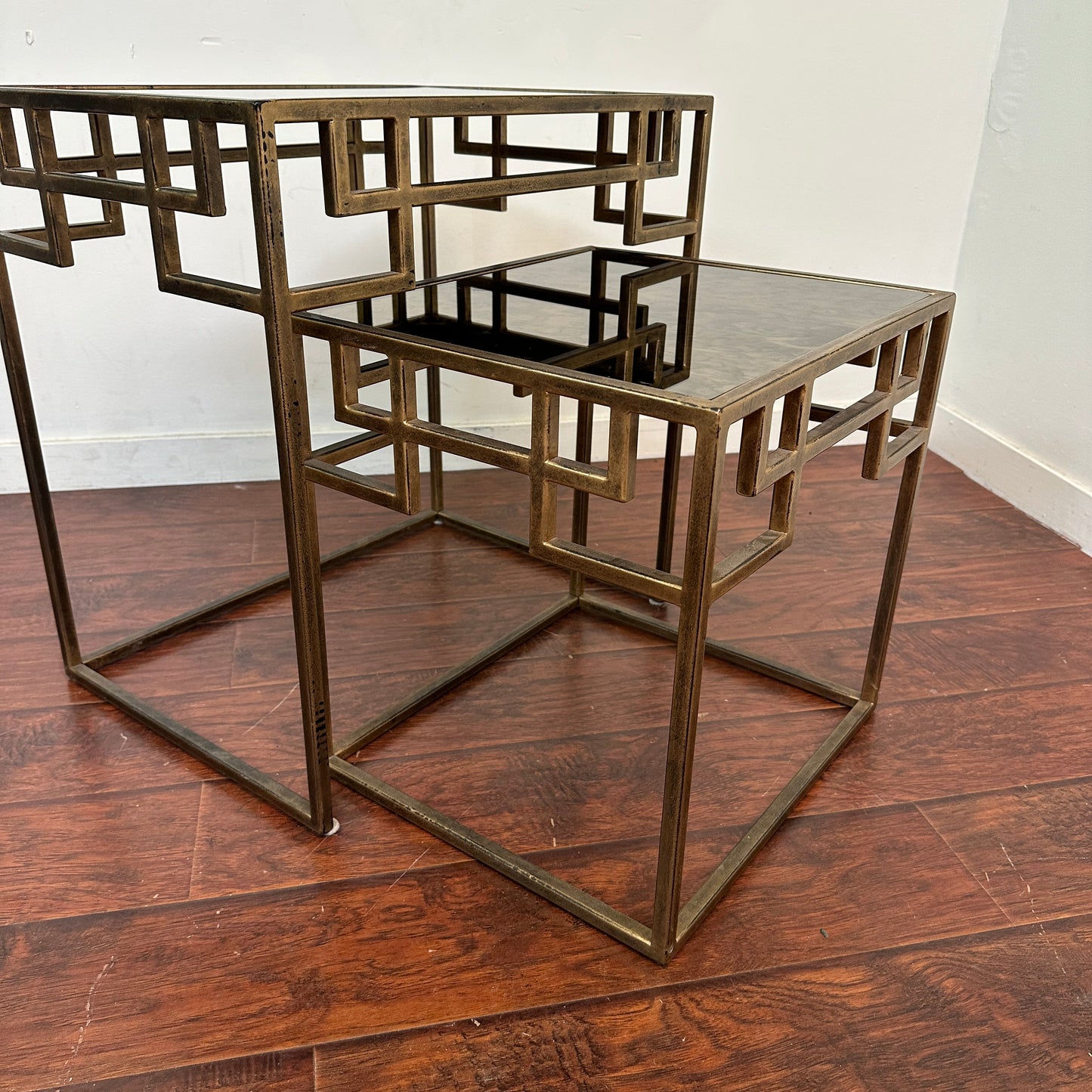 Greek Key Design Mirrored Glass Nesting Tables