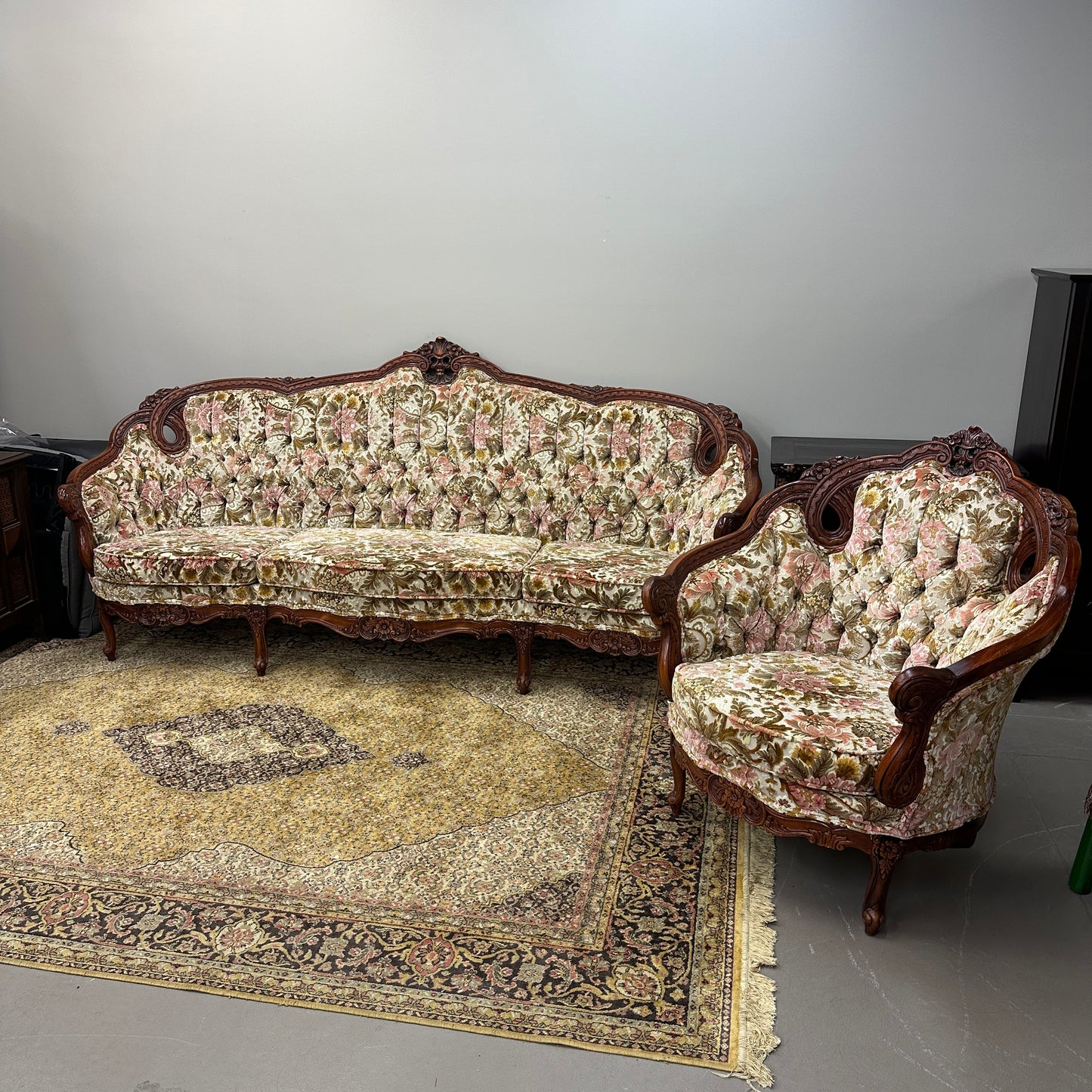 French Victorian-Style Floral Couch and Armchair