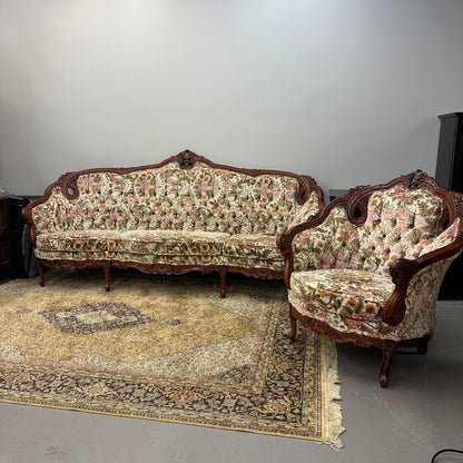 French Victorian-Style Floral Couch and Armchair