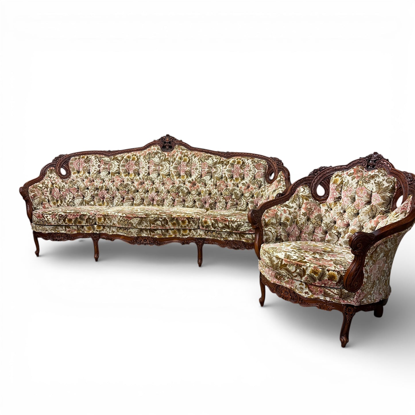 French Victorian-Style Floral Couch and Armchair