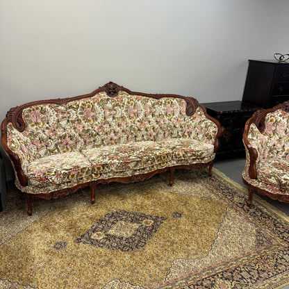 French Victorian-Style Floral Couch and Armchair
