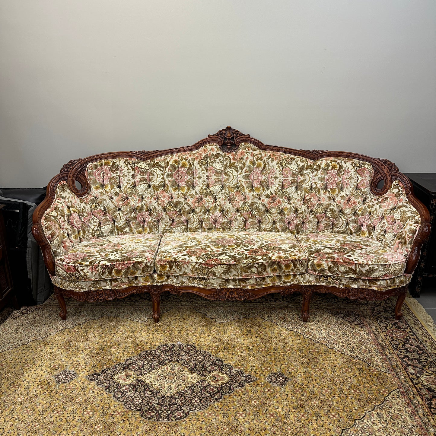 French Victorian-Style Floral Couch and Armchair