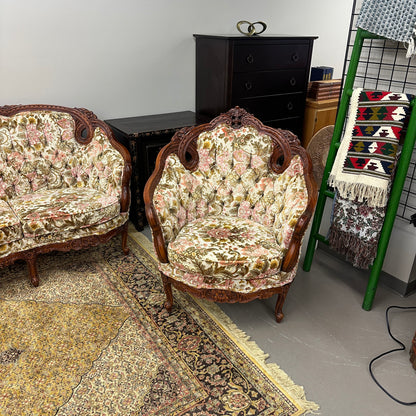 French Victorian-Style Floral Couch and Armchair