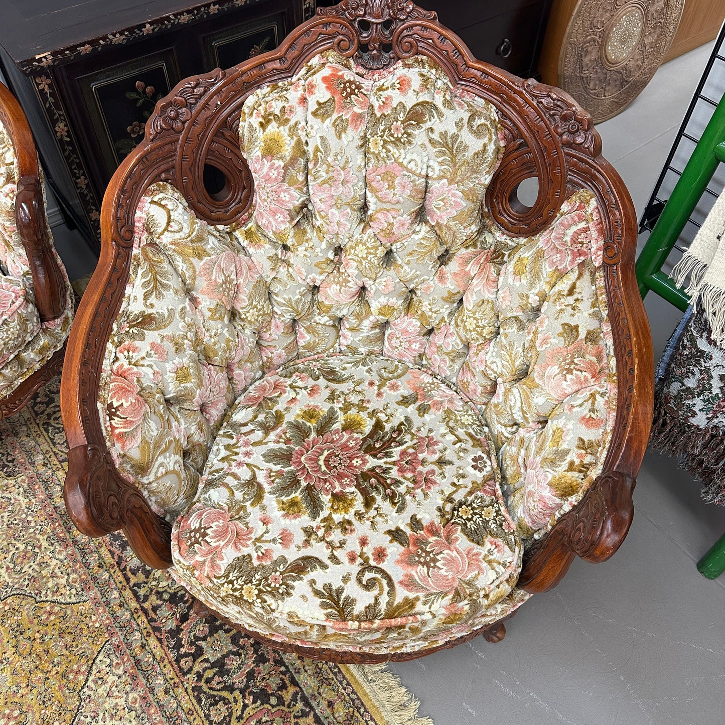 French Victorian-Style Floral Couch and Armchair