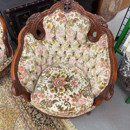 French Victorian-Style Floral Couch and Armchair