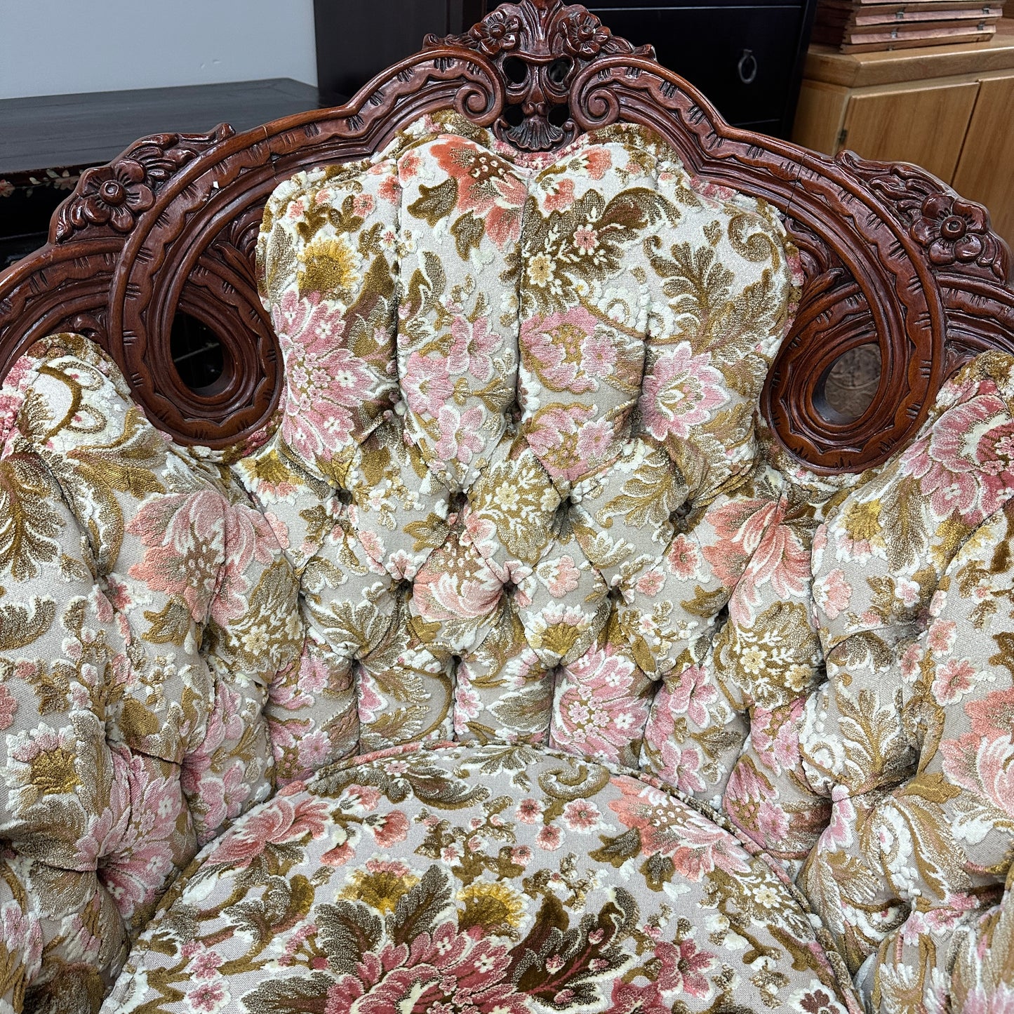 French Victorian-Style Floral Couch and Armchair
