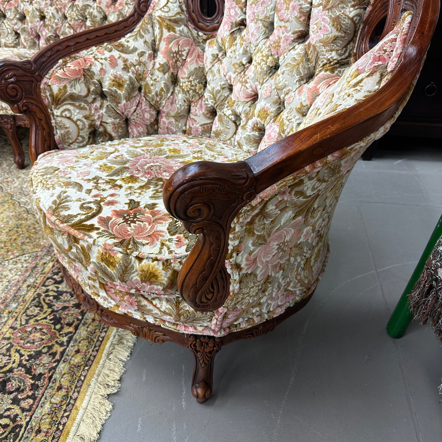 French Victorian-Style Floral Couch and Armchair