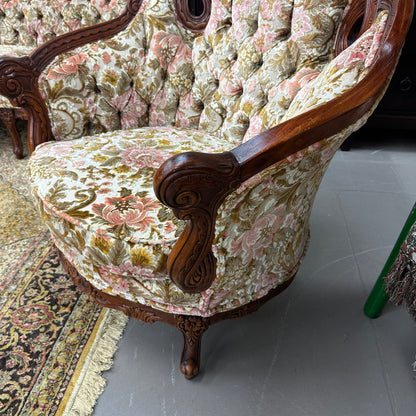 French Victorian-Style Floral Couch and Armchair