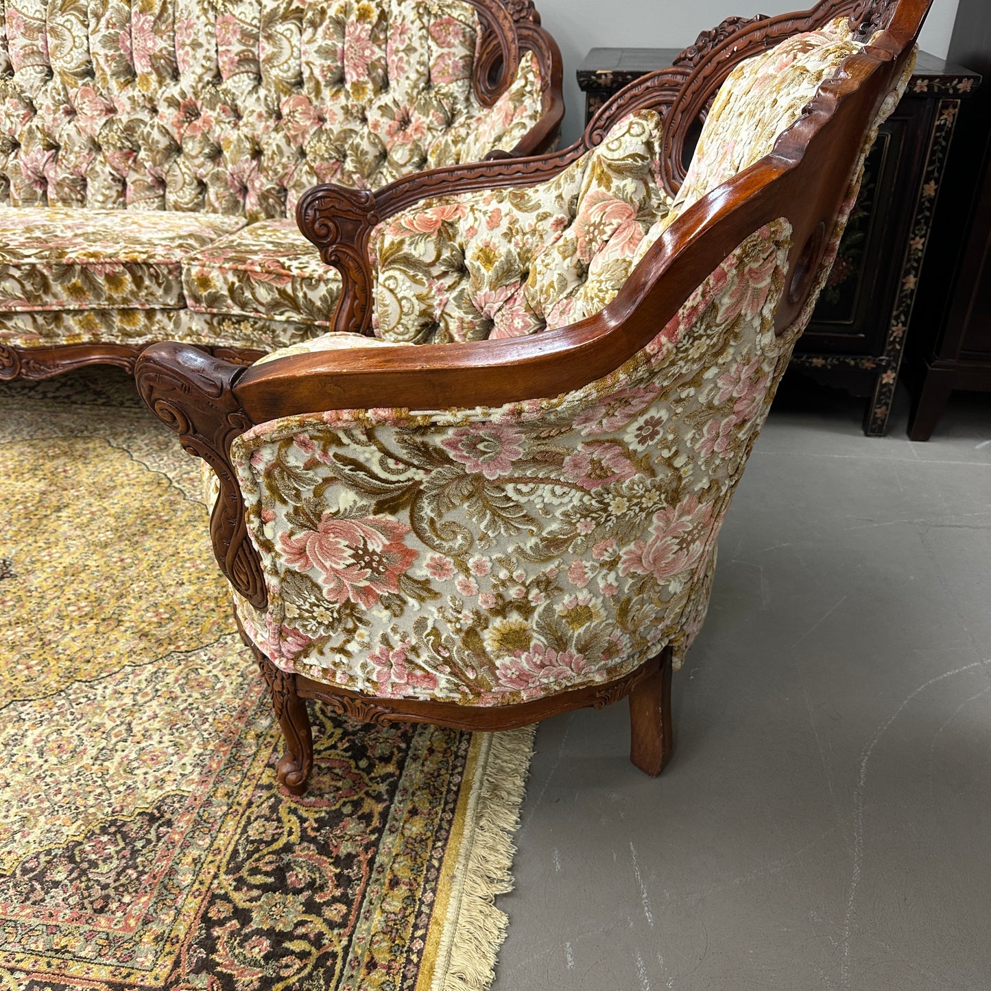 French Victorian-Style Floral Couch and Armchair