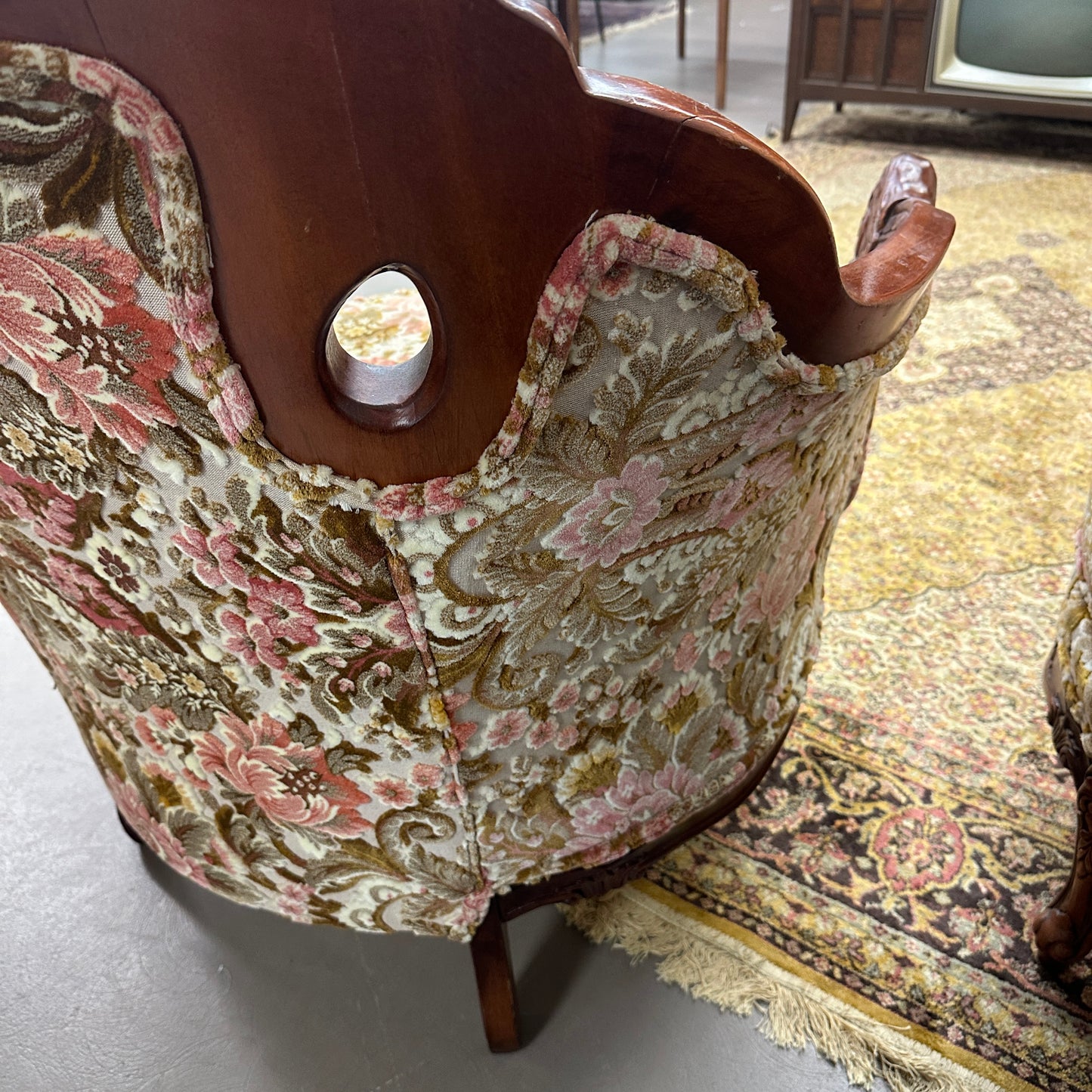 French Victorian-Style Floral Couch and Armchair