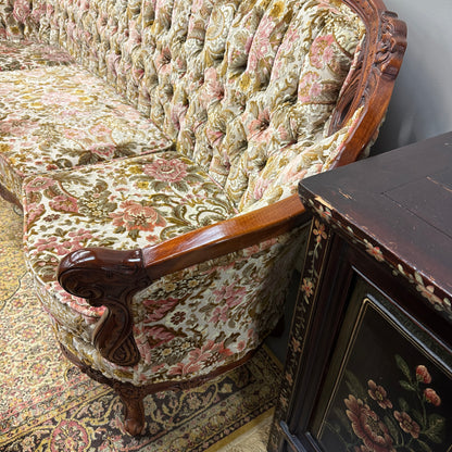 French Victorian-Style Floral Couch and Armchair