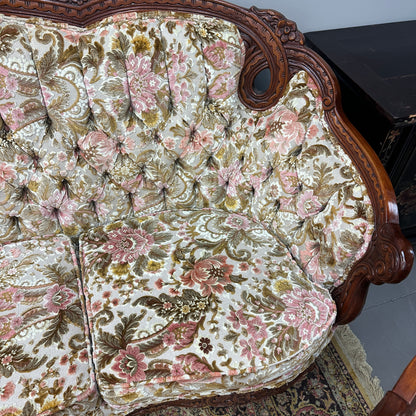 French Victorian-Style Floral Couch and Armchair