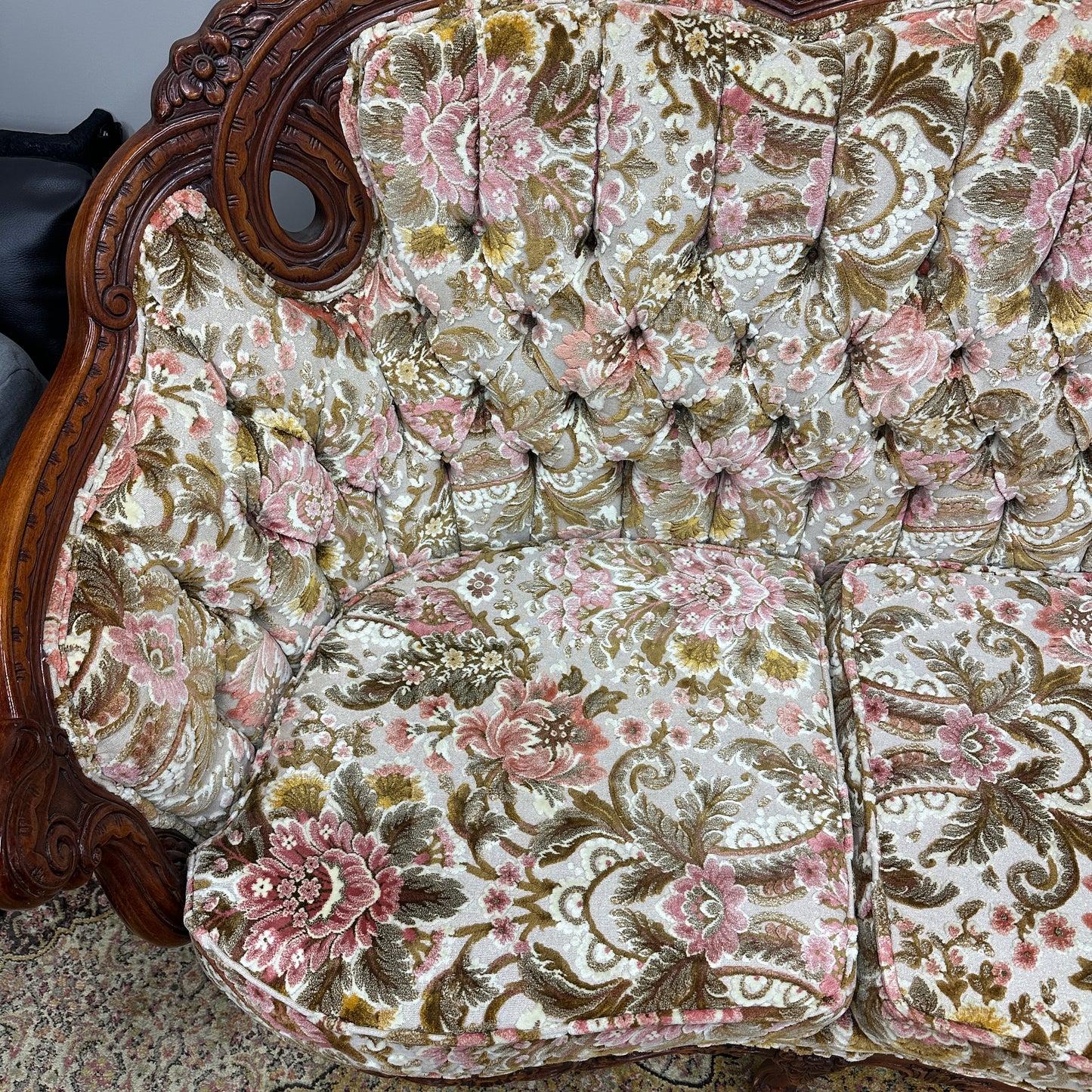 French Victorian-Style Floral Couch and Armchair
