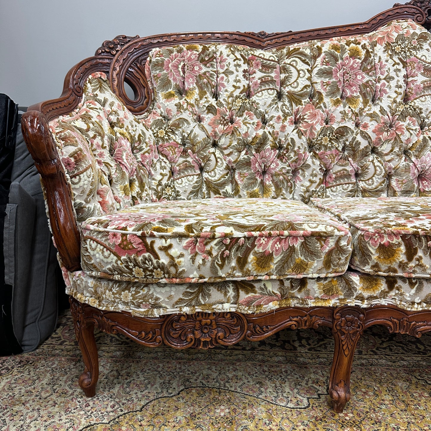 French Victorian-Style Floral Couch and Armchair