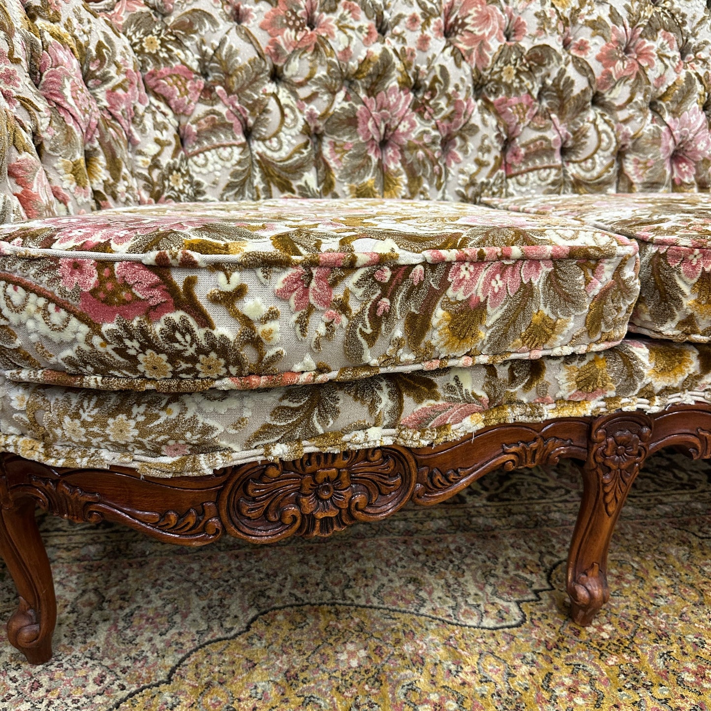French Victorian-Style Floral Couch and Armchair