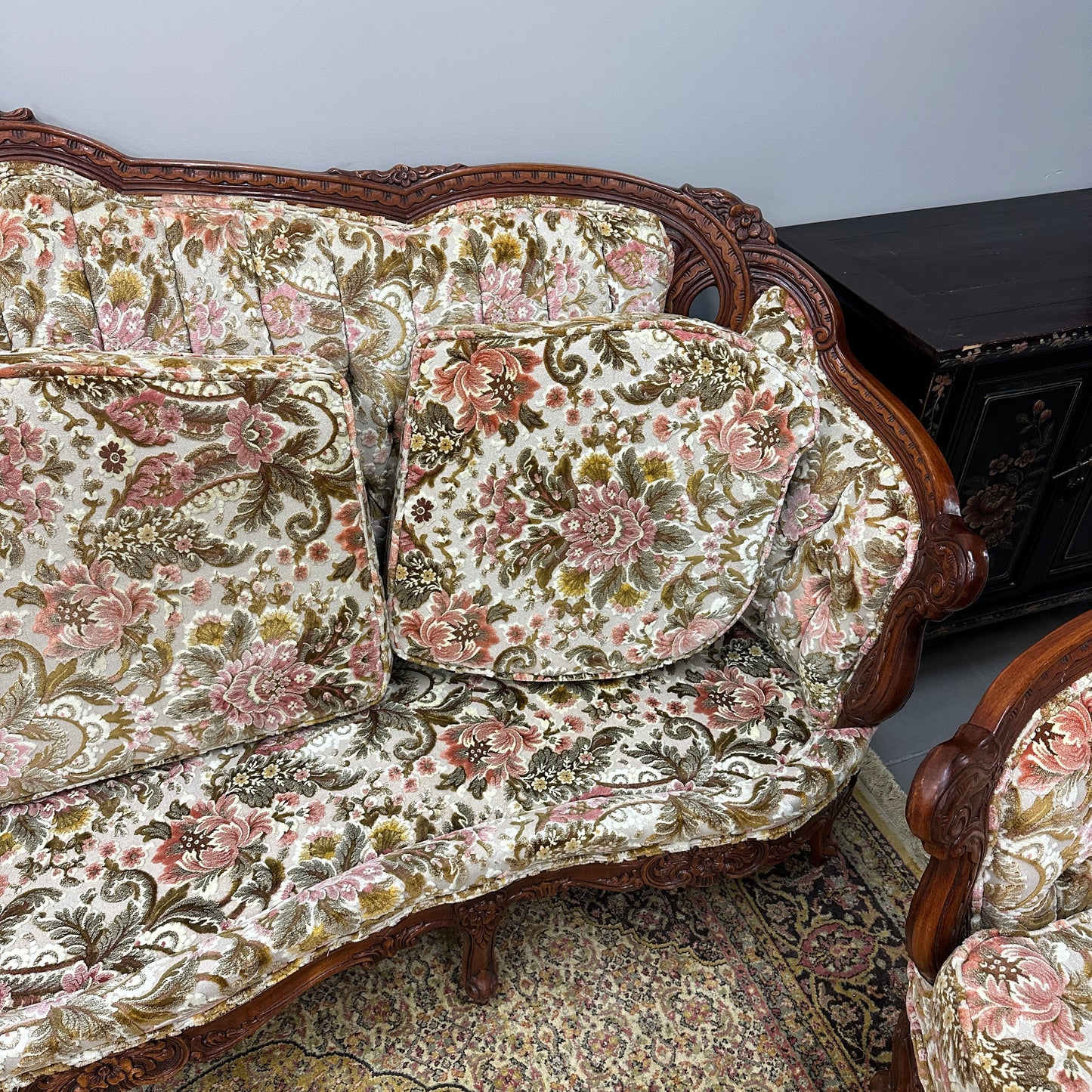 French Victorian-Style Floral Couch and Armchair