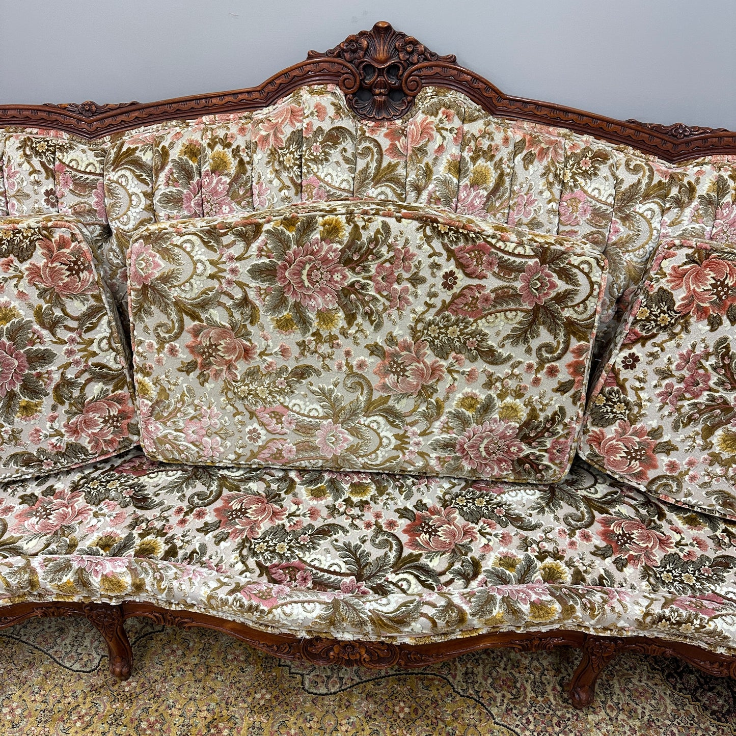 French Victorian-Style Floral Couch and Armchair