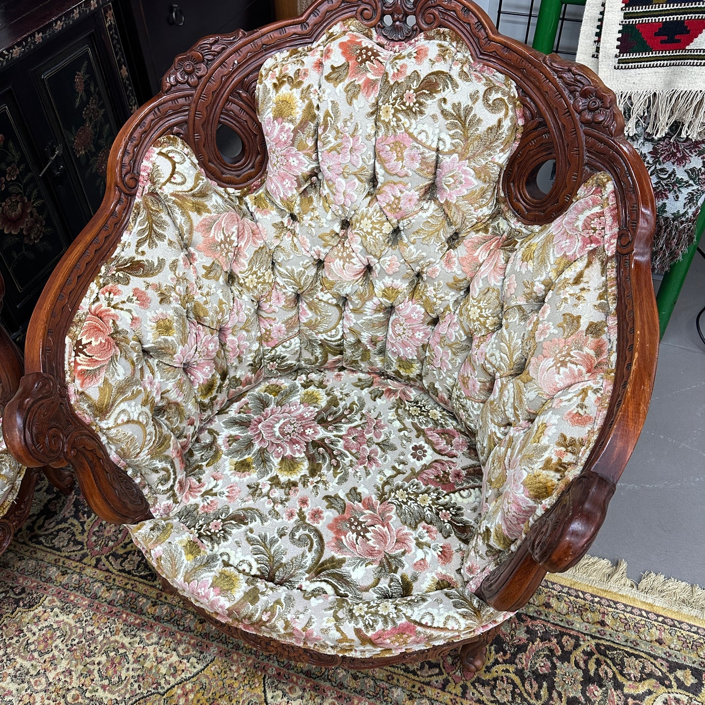 French Victorian-Style Floral Couch and Armchair