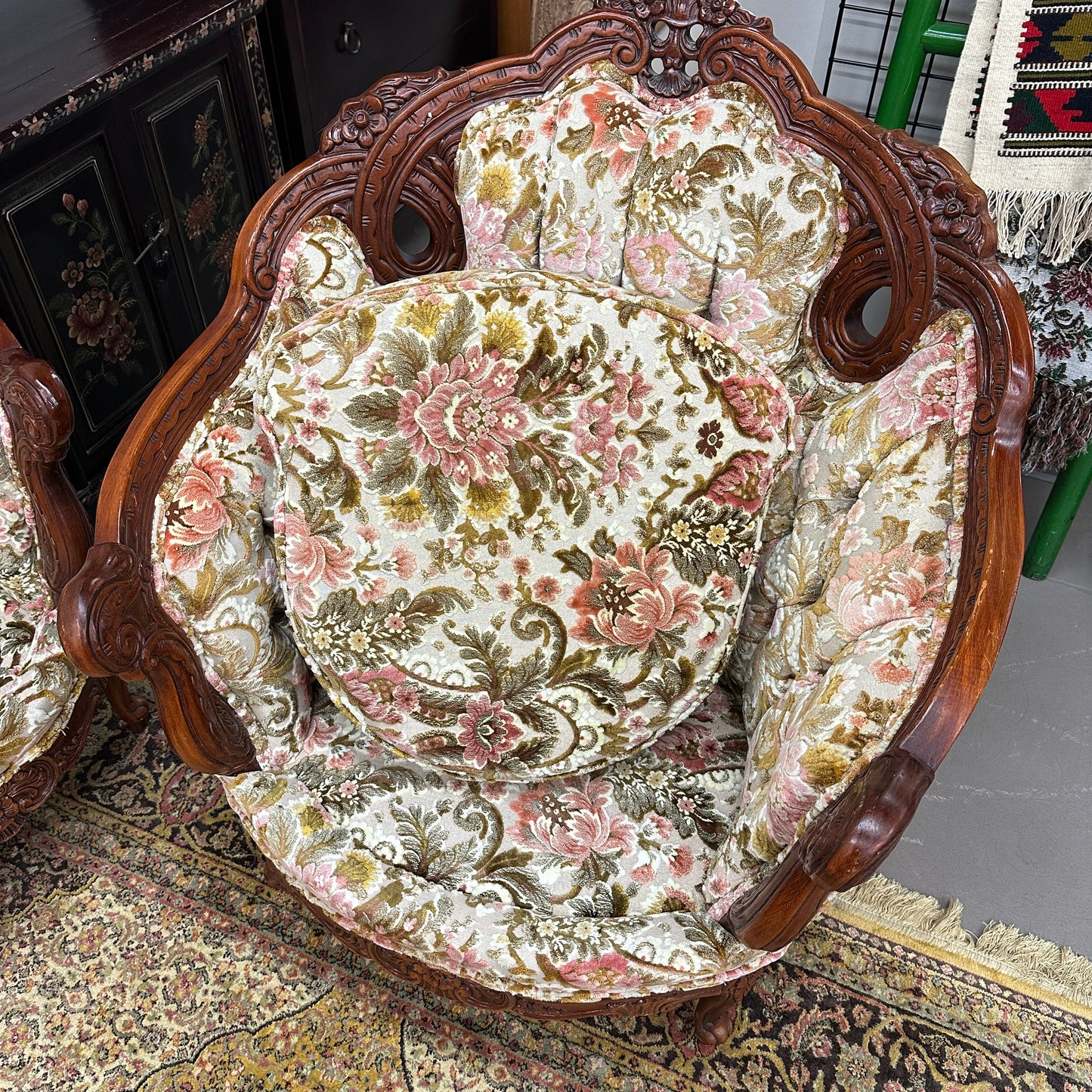 French Victorian-Style Floral Couch and Armchair