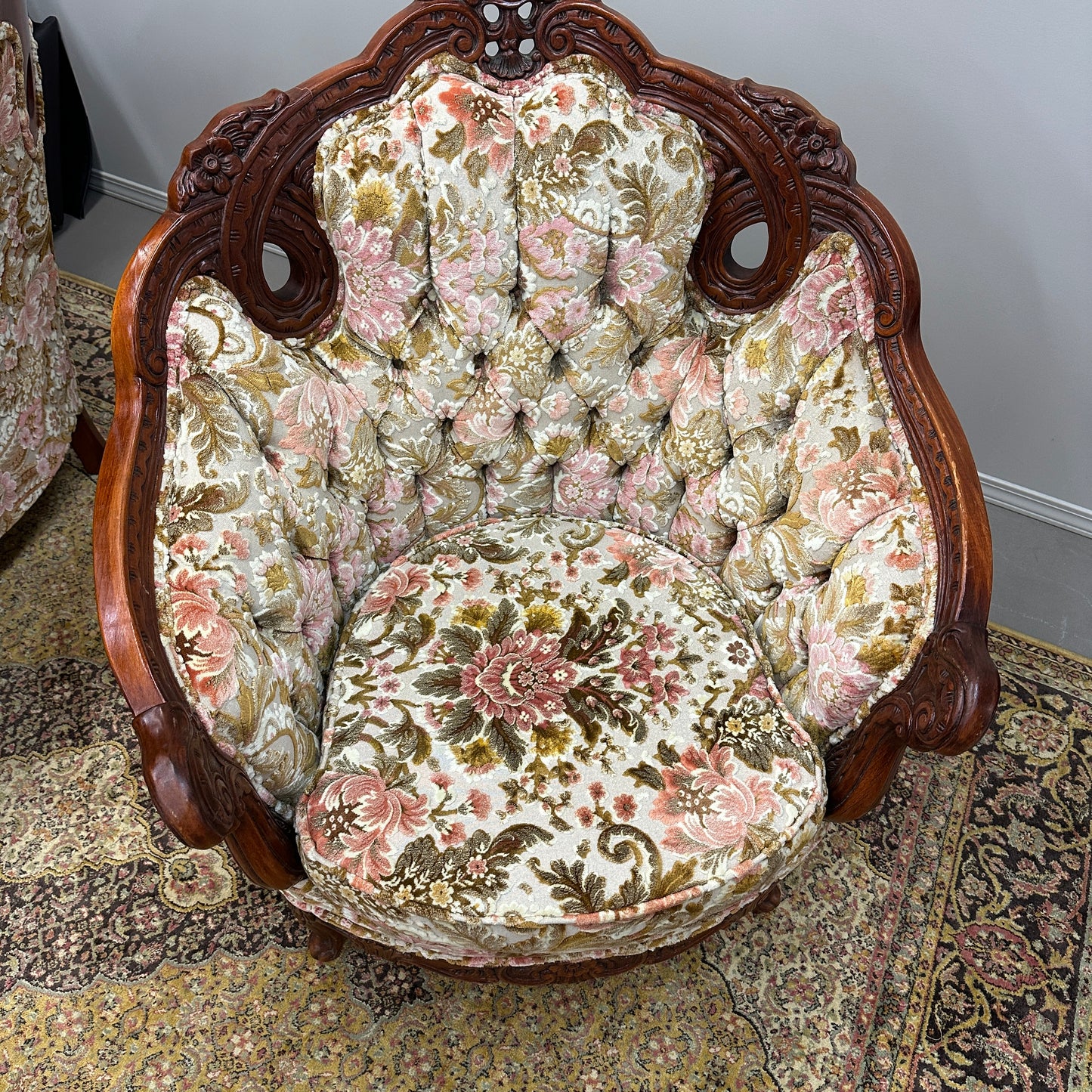 French Victorian-Style Floral Accent Chair
