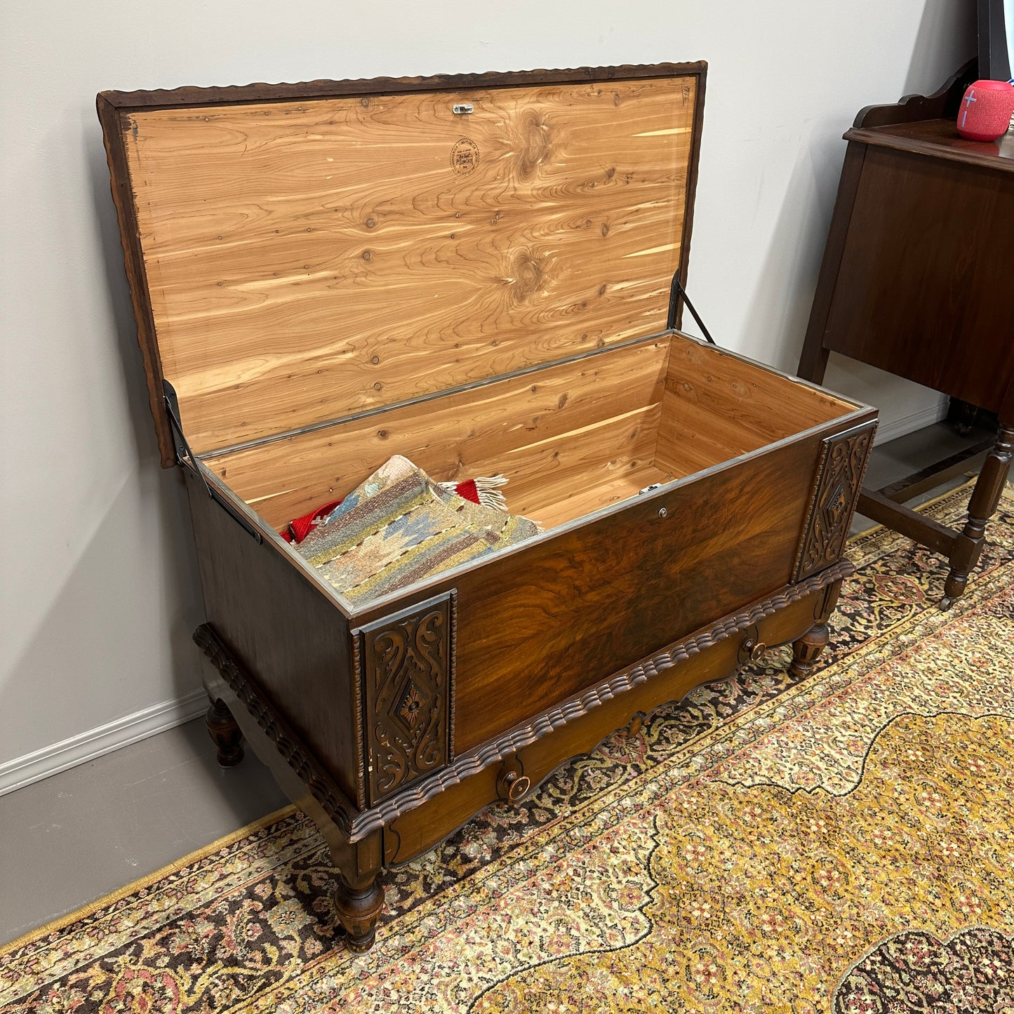 Antique Carved Cedar Lined Blanket Chest