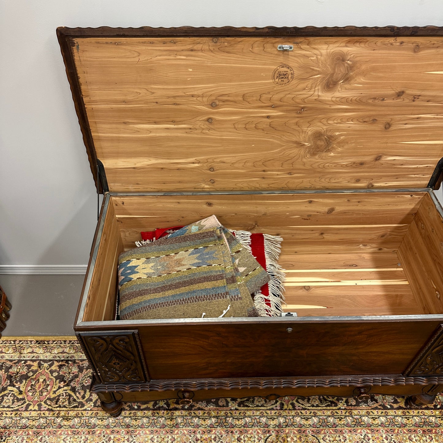 Antique Carved Cedar Lined Blanket Chest
