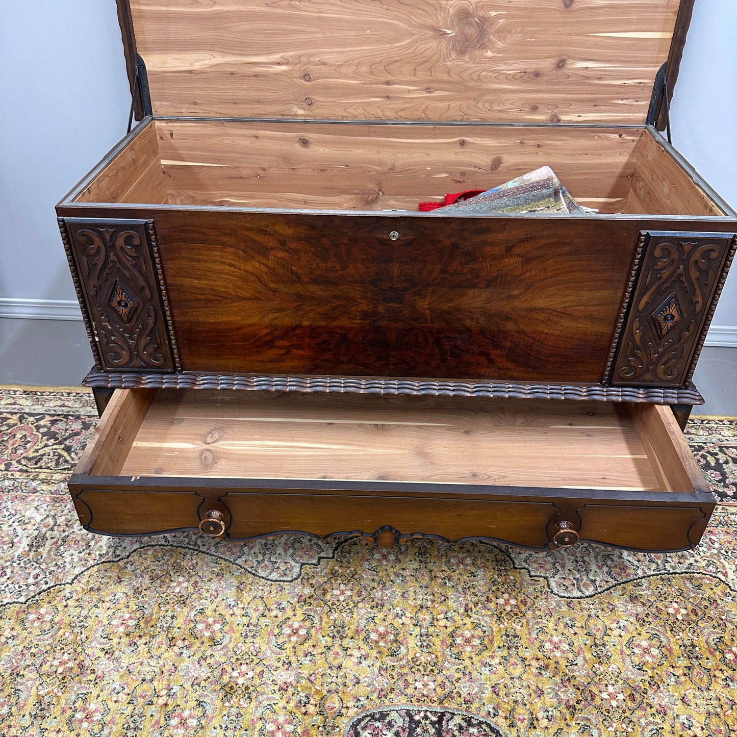 Antique Carved Cedar Lined Blanket Chest