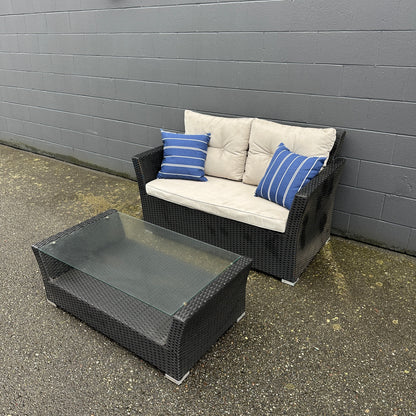 Patio Wicker Love Seat + Coffee Table