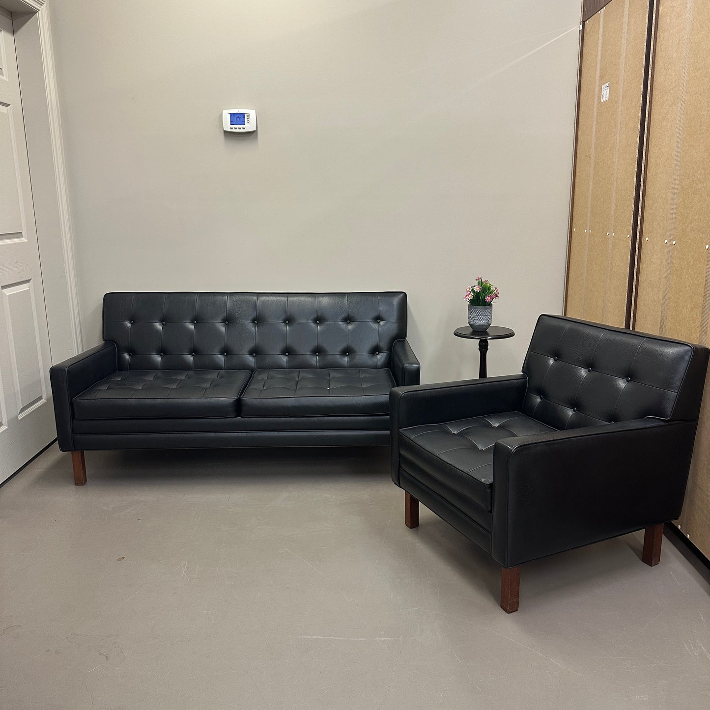 Vintage MCM Tufted Sofa Leather Look + Lounge Chair