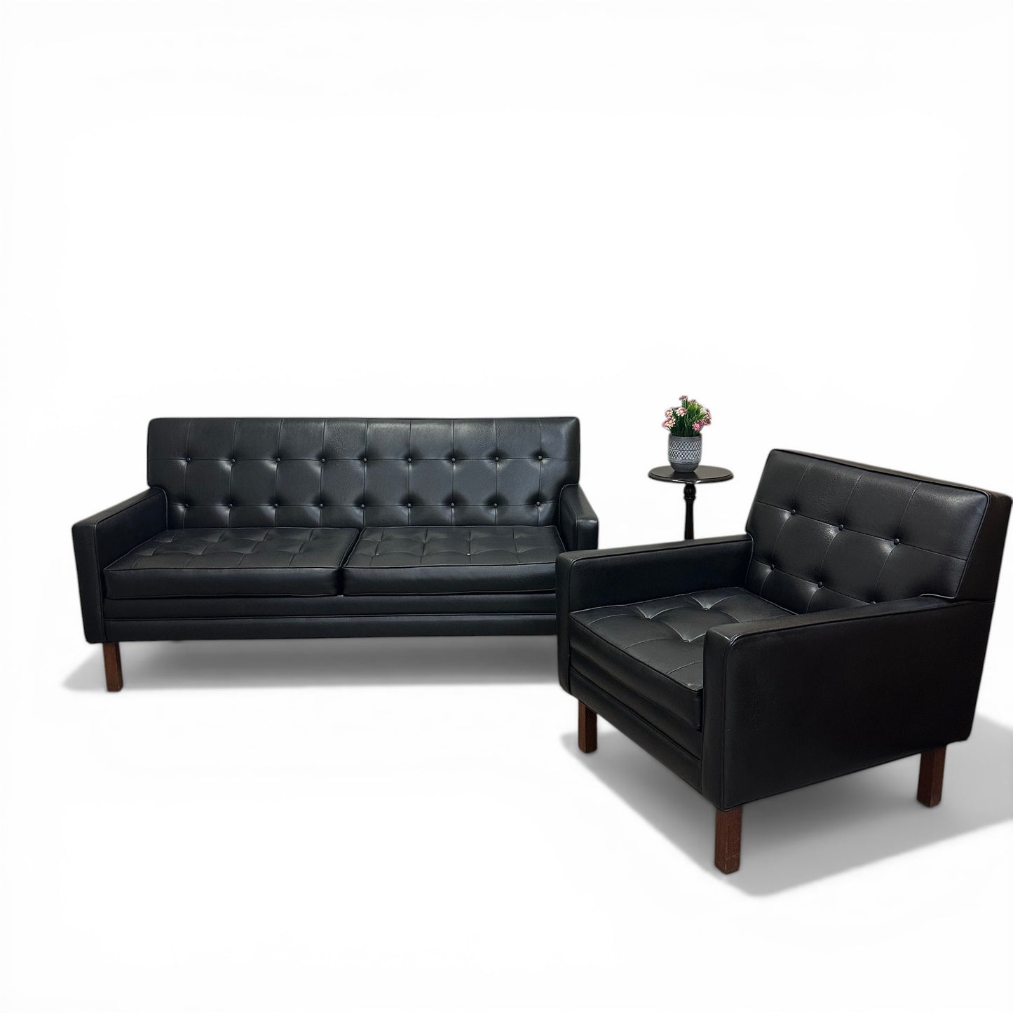 Vintage MCM Tufted Sofa Leather Look + Lounge Chair