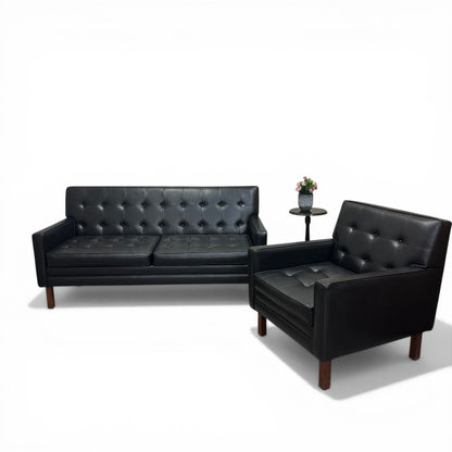 Vintage MCM Tufted Sofa Leather Look + Lounge Chair