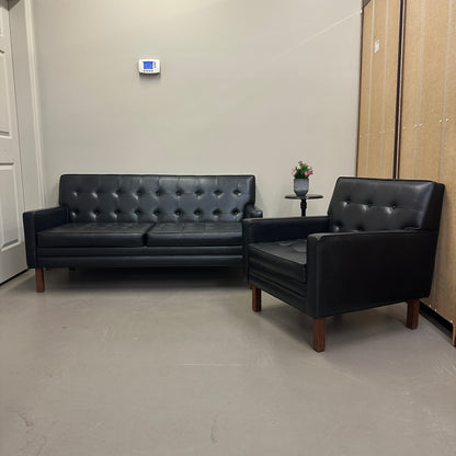 Vintage MCM Tufted Sofa Leather Look + Lounge Chair