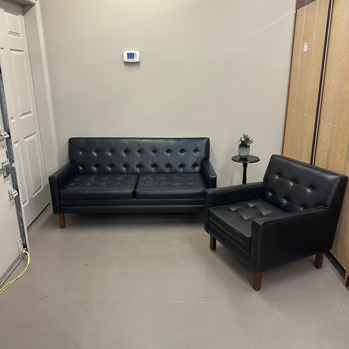 Vintage MCM Tufted Sofa Leather Look + Lounge Chair