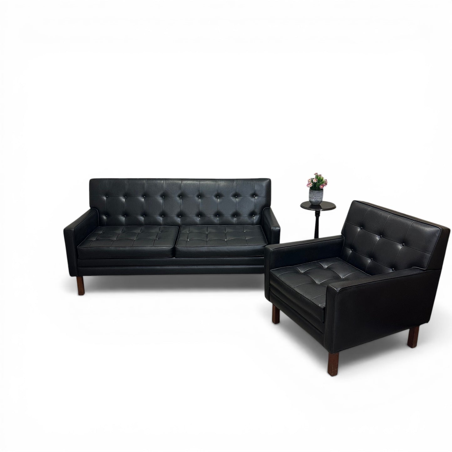 Vintage MCM Tufted Sofa Leather Look + Lounge Chair